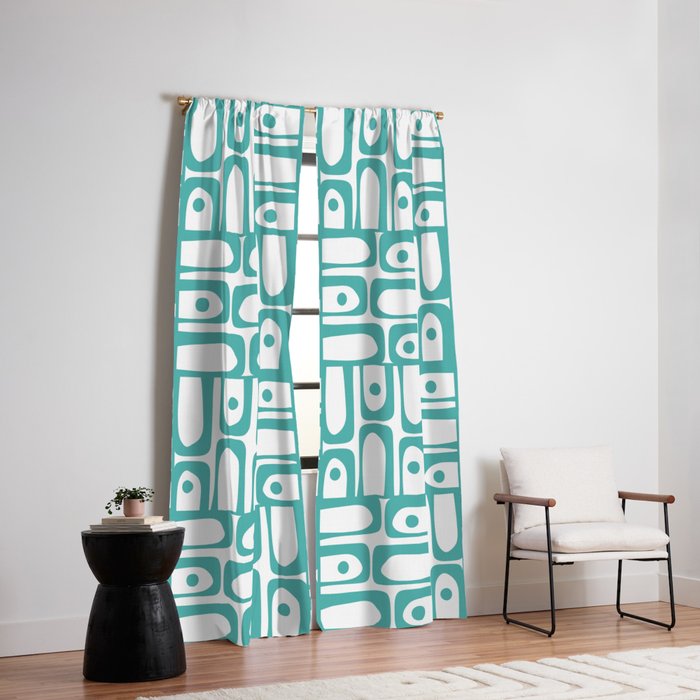Mid Century Modern Piquet Geometric Multi Pattern in Turquoise and White Window Curtain Gallery Image 2