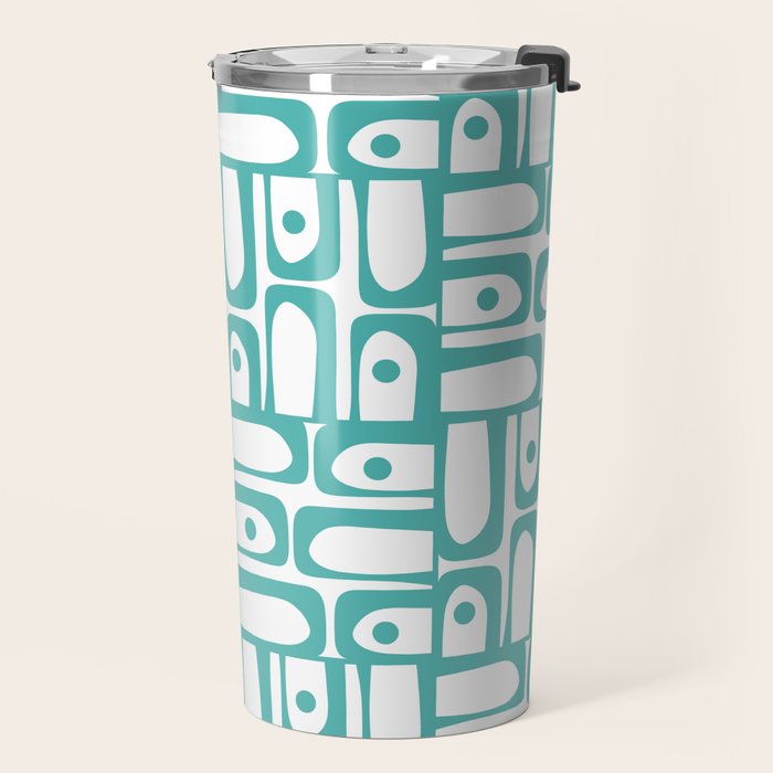 Mid Century Modern Piquet Geometric Multi Pattern in Turquoise and White Travel Mug Gallery Image 2
