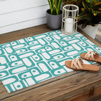 Mid Century Modern Piquet Geometric Multi Pattern in Turquoise and White Outdoor Rug Gallery Image 2