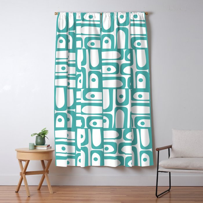 Mid Century Modern Piquet Geometric Multi Pattern in Turquoise and White Window Curtain Gallery Image 5