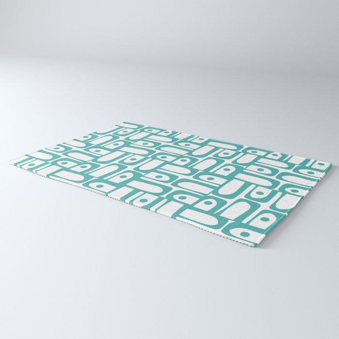 Mid Century Modern Piquet Geometric Multi Pattern in Turquoise and White Rug Gallery Image 3