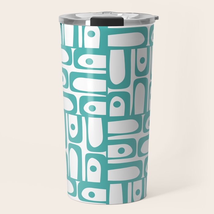 Mid Century Modern Piquet Geometric Multi Pattern in Turquoise and White Travel Mug Gallery Image 1