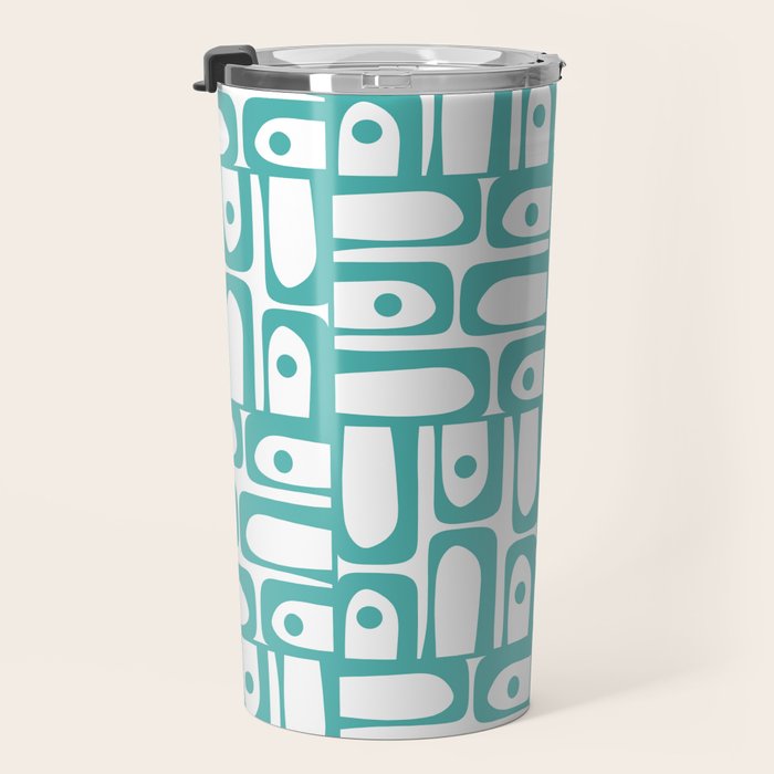 Mid Century Modern Piquet Geometric Multi Pattern in Turquoise and White Travel Mug Gallery Image 3