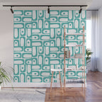 Mid Century Modern Piquet Geometric Multi Pattern in Turquoise and White Wall Mural Gallery Image 1