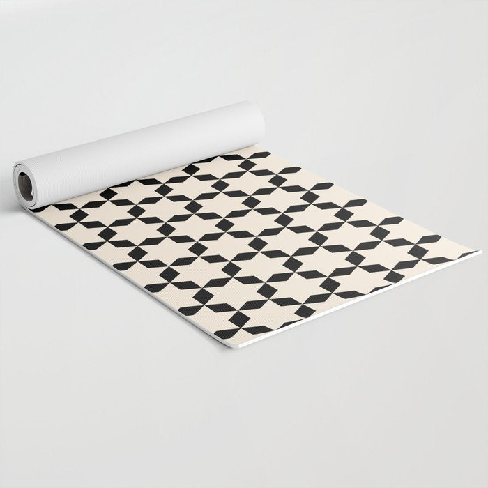 Star Tiles Geometric Pattern in Almond Cream and Black Yoga Mat Gallery Image 2