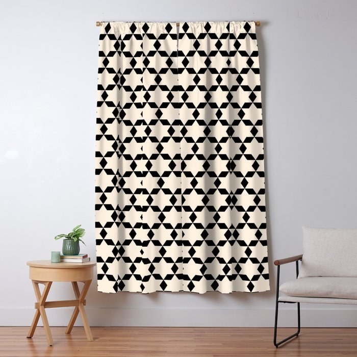 Star Tiles Geometric Pattern in Almond Cream and Black Window Curtain Gallery Image 5