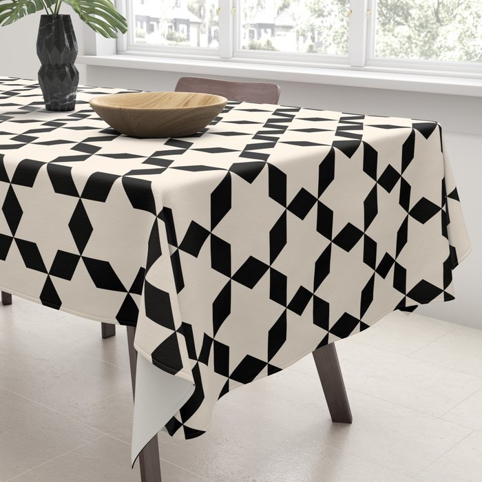 Star Tiles Geometric Pattern in Almond Cream and Black Tablecloth Gallery Image 3