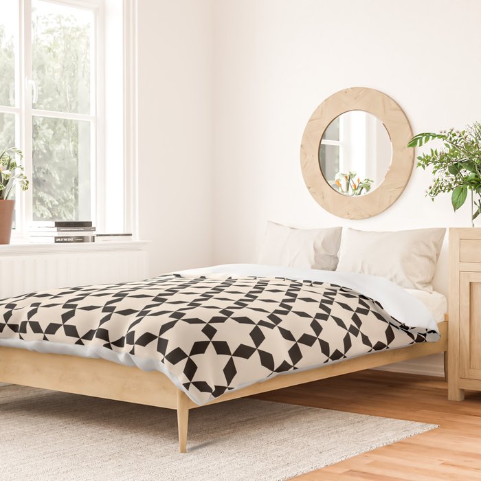 Star Tiles Geometric Pattern in Almond Cream and Black Duvet Cover Gallery Image 2