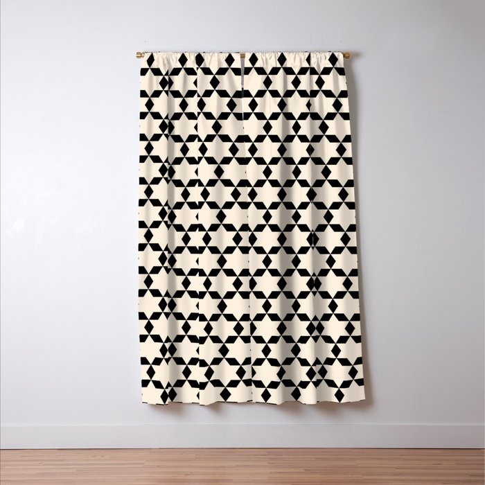 Star Tiles Geometric Pattern in Almond Cream and Black Window Curtain Gallery Image 3