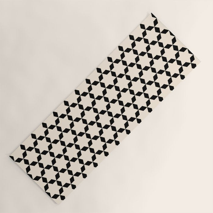 Star Tiles Geometric Pattern in Almond Cream and Black Yoga Mat Gallery Image 1
