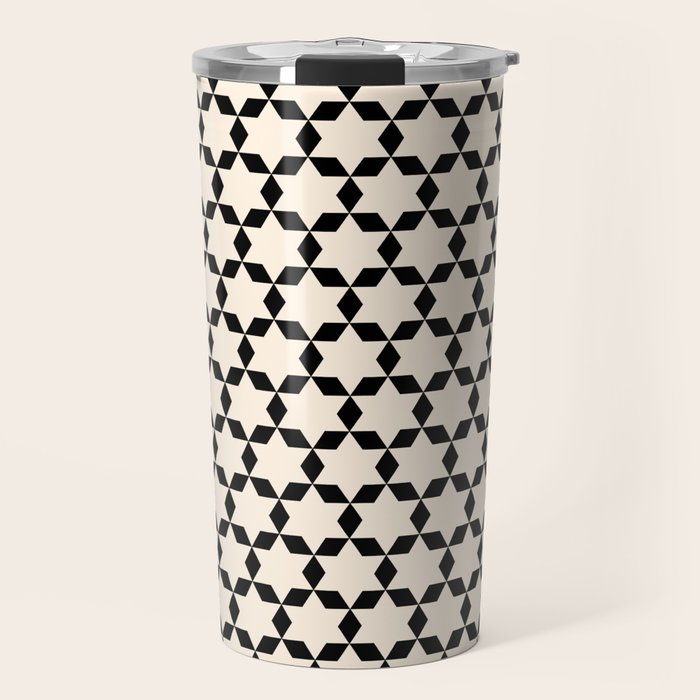 Star Tiles Geometric Pattern in Almond Cream and Black Travel Mug Gallery Image 1