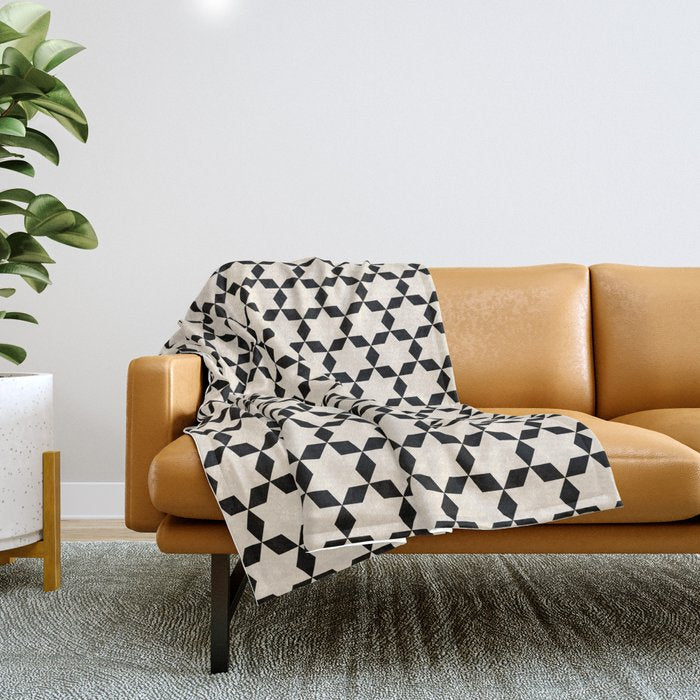 Star Tiles Geometric Pattern in Almond Cream and Black Throw Blanket Gallery Image 1