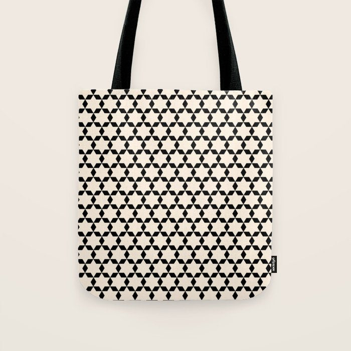 Star Tiles Geometric Pattern in Almond Cream and Black Tote Bag Gallery Image 1
