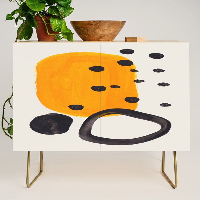 Unique Abstract Unique Mid century Modern Yellow Mustard Black Ring Dots Credenza Gallery Image 1