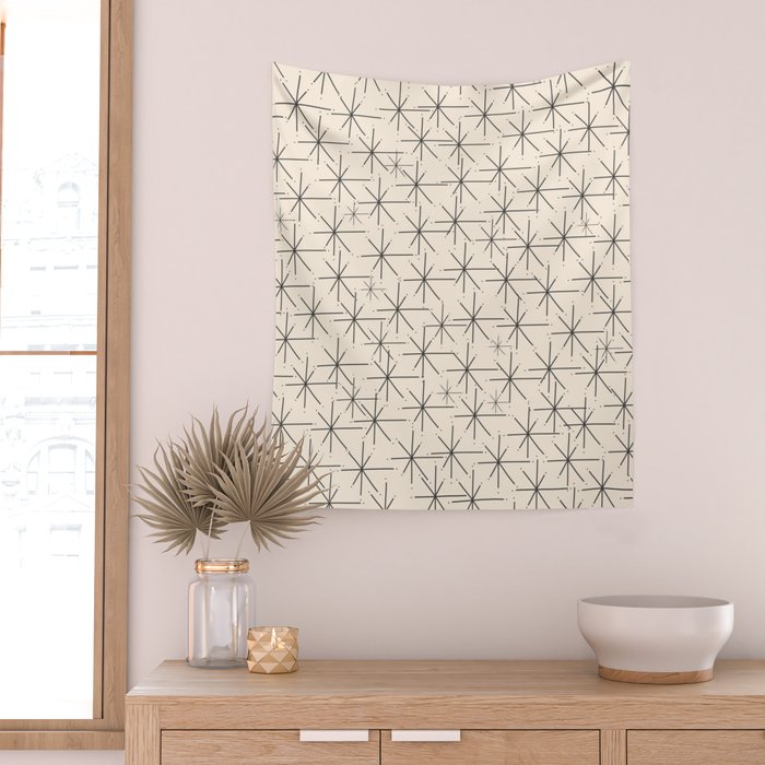 Stella - Atomic Age Mid Century Modern Starburst Pattern in Charcoal Gray and Almond Cream Wall Tapestry Gallery Image 2