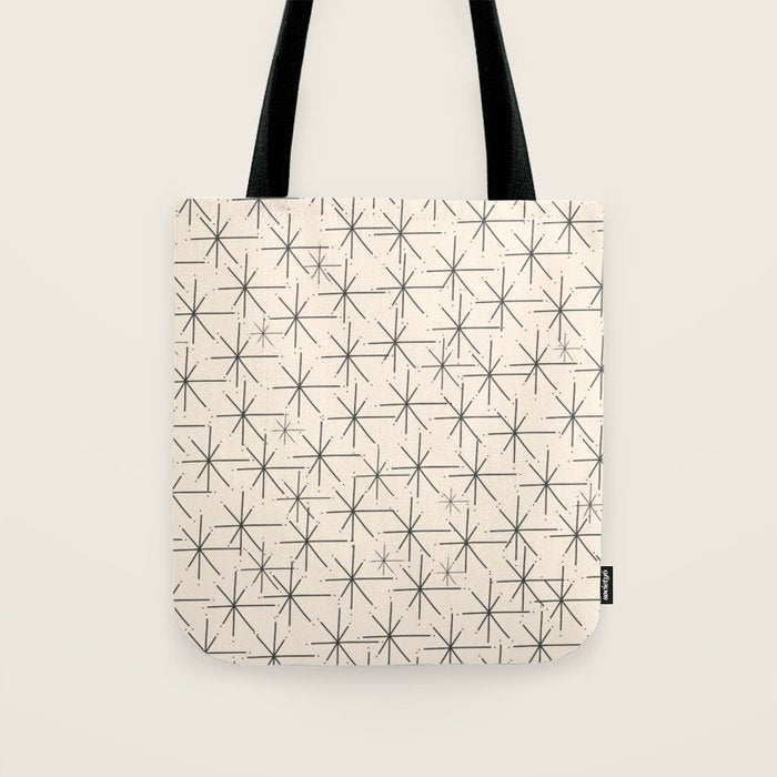 Stella - Atomic Age Mid Century Modern Starburst Pattern in Charcoal Gray and Almond Cream Tote Bag Gallery Image 1