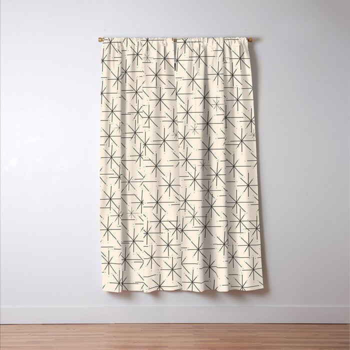 Stella - Atomic Age Mid Century Modern Starburst Pattern in Charcoal Gray and Almond Cream Window Curtain Gallery Image 3
