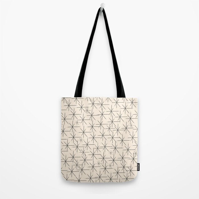 Stella - Atomic Age Mid Century Modern Starburst Pattern in Charcoal Gray and Almond Cream Tote Bag Gallery Image 2