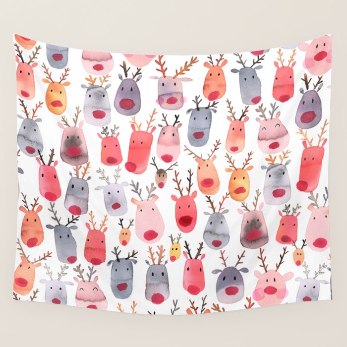 Christmas Winter Cute Reindeers Wall Tapestry