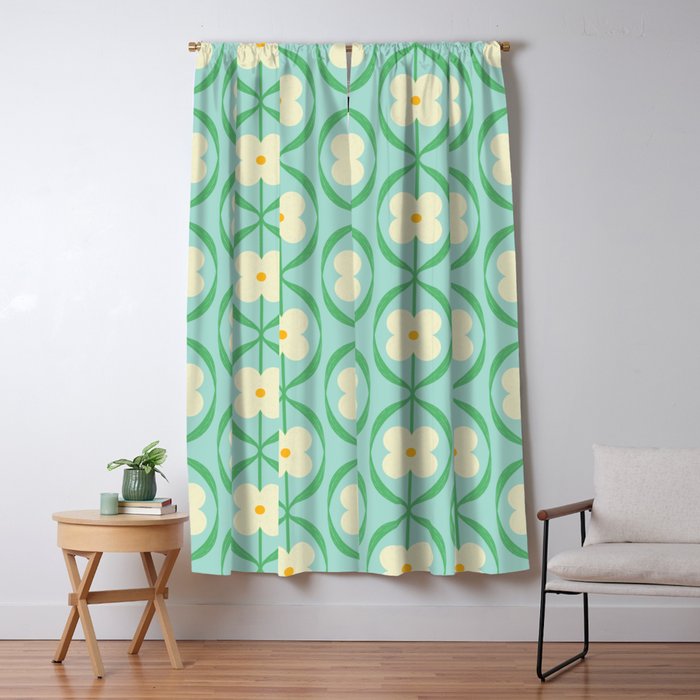 Sky Blue Retro Flowers Vintage Daisy Floral Geometric Green Window Curtain Gallery Image 1