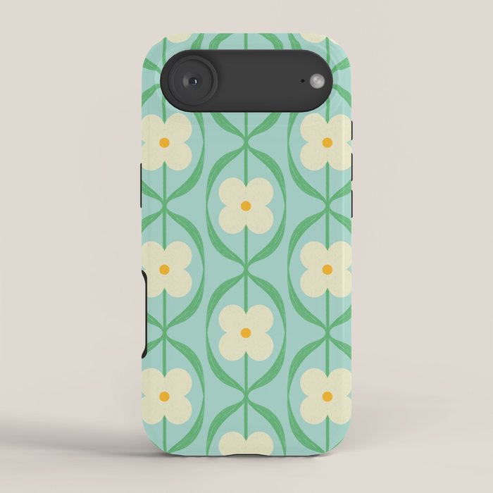 Sky Blue Retro Flowers Vintage Daisy Floral Geometric Green iPhone Case Gallery Image 2