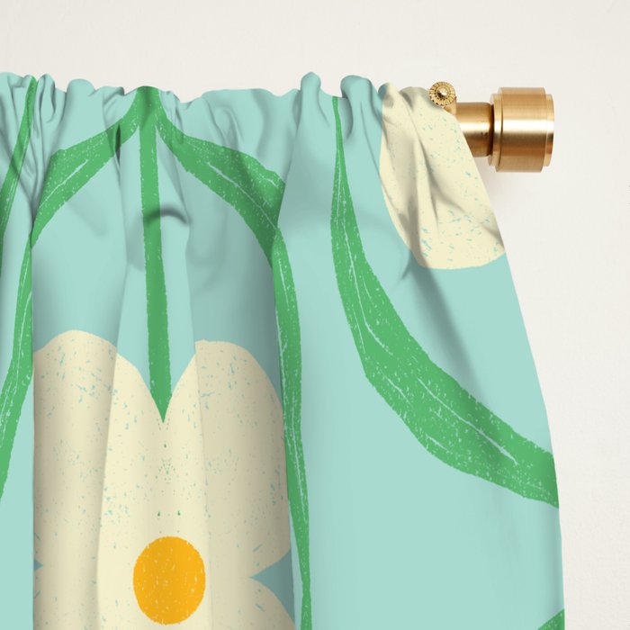 Sky Blue Retro Flowers Vintage Daisy Floral Geometric Green Window Curtain Gallery Image 2