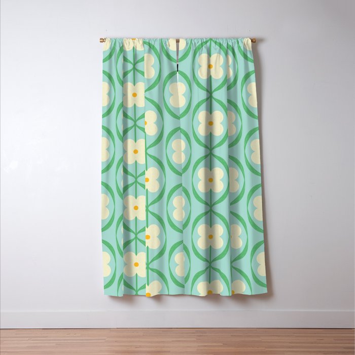 Sky Blue Retro Flowers Vintage Daisy Floral Geometric Green Window Curtain Gallery Image 3