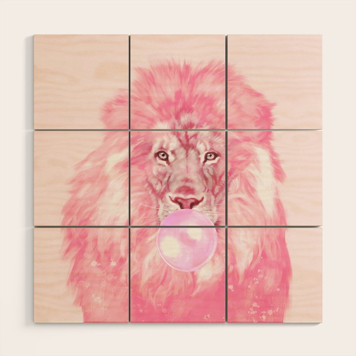 Lion Chewing Bubble Gum in Pink Wood Wall Art Gallery Image 1