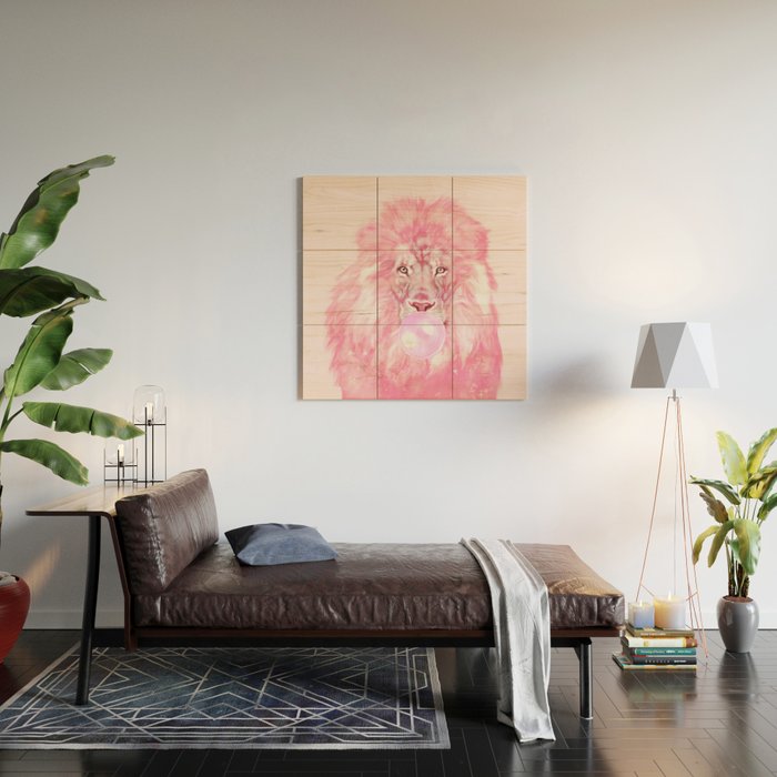 Lion Chewing Bubble Gum in Pink Wood Wall Art Gallery Image 2
