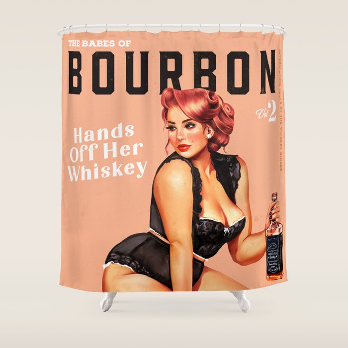 "The Babes Of Bourbon: Hands Off Her Whiskey" Vintage Curvy Pinup Girl Shower Curtain Gallery Image 1