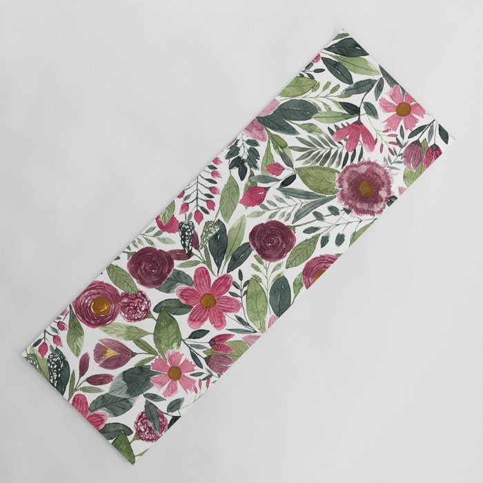 Mauve Pink Forest Green Watercolor Flowers Leaves Yoga Mat Gallery Image 1