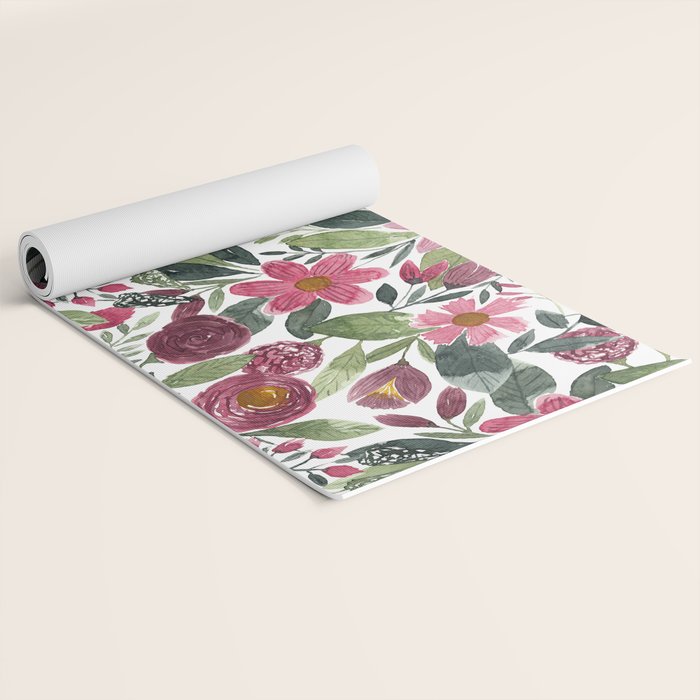 Mauve Pink Forest Green Watercolor Flowers Leaves Yoga Mat Gallery Image 2