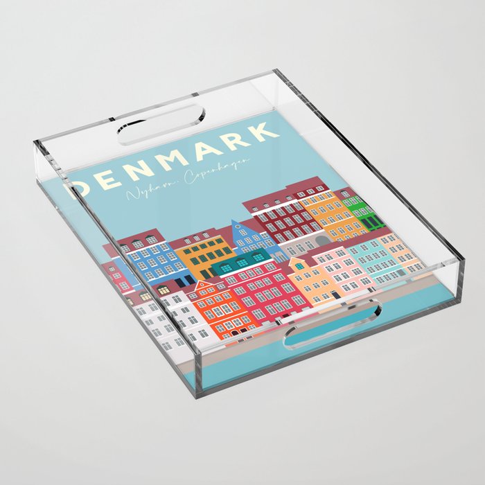 Denmark, Nyhavn, Copenhagen Travel Poster Acrylic Tray Gallery Image 1
