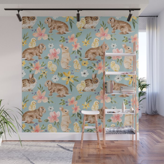 Blue Easter Bunny and Chick Floral Wall Mural Gallery Image 1