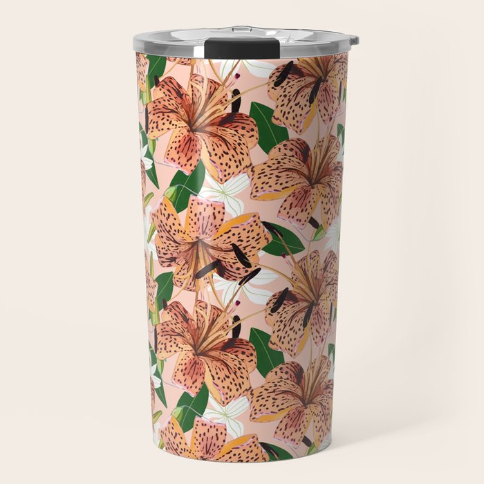 Tiger Lillies, Tropical Blush Botanical Illustration, Polka Dots Nature Vibrant Floral Jungle Travel Mug Gallery Image 1
