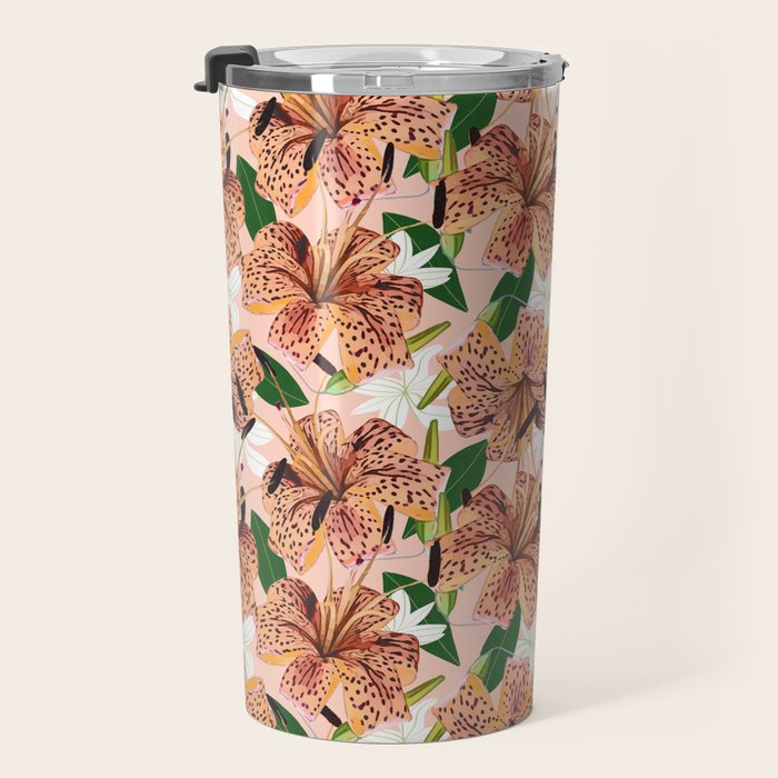 Tiger Lillies, Tropical Blush Botanical Illustration, Polka Dots Nature Vibrant Floral Jungle Travel Mug Gallery Image 3