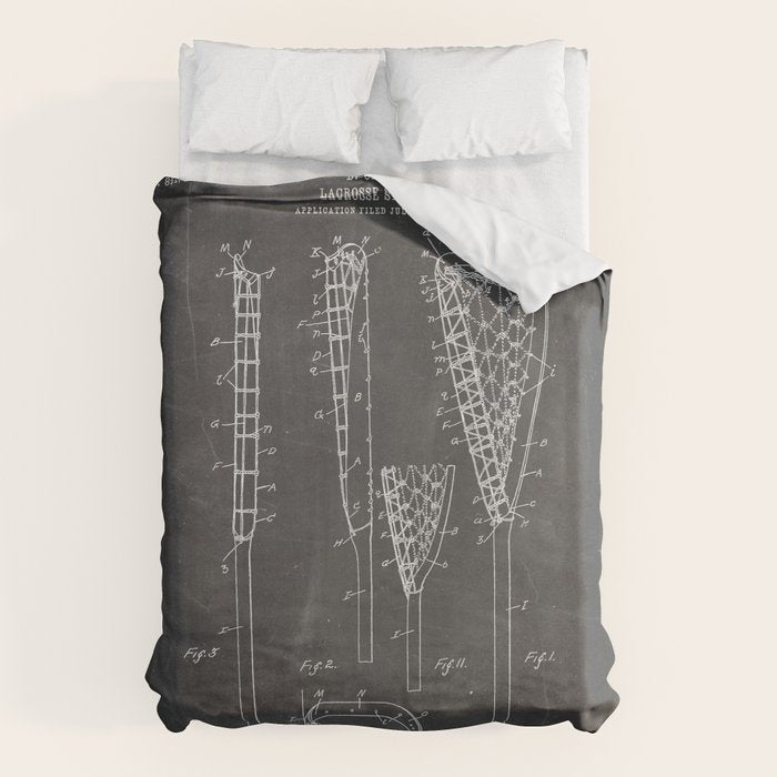 Lacrosse Stick Patent - Lacrosse Player Art - Black Chalkboard Duvet Cover Gallery Image 6