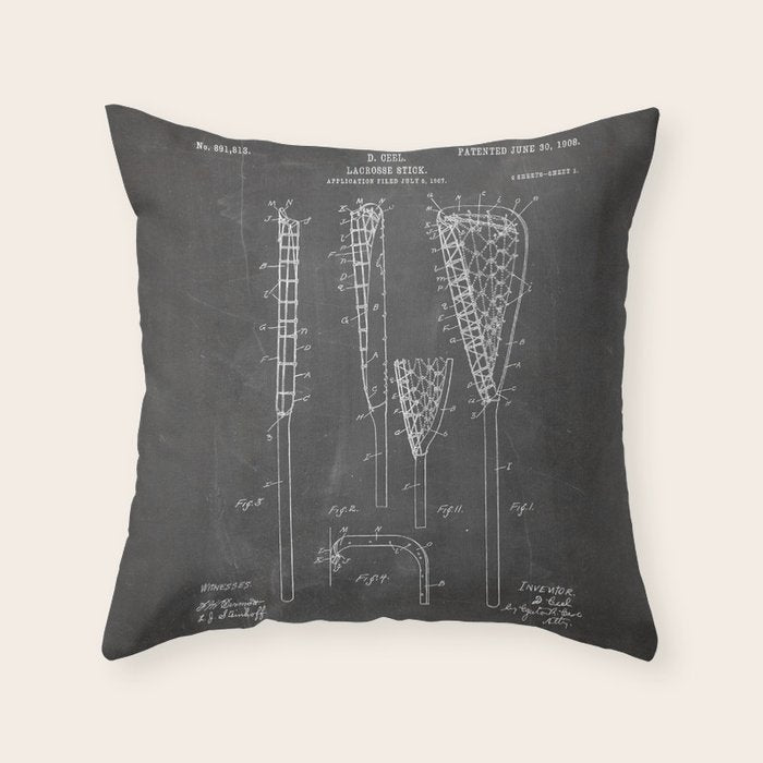 Lacrosse Stick Patent - Lacrosse Player Art - Black Chalkboard Throw Pillow Gallery Image 6