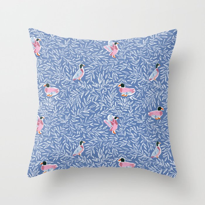 Mallard Duck Tales Chinoiserie Blue Throw Pillow Gallery Image 6