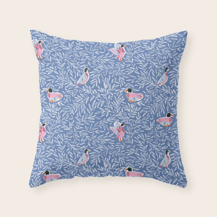 Mallard Duck Tales Chinoiserie Blue Throw Pillow Gallery Image 6