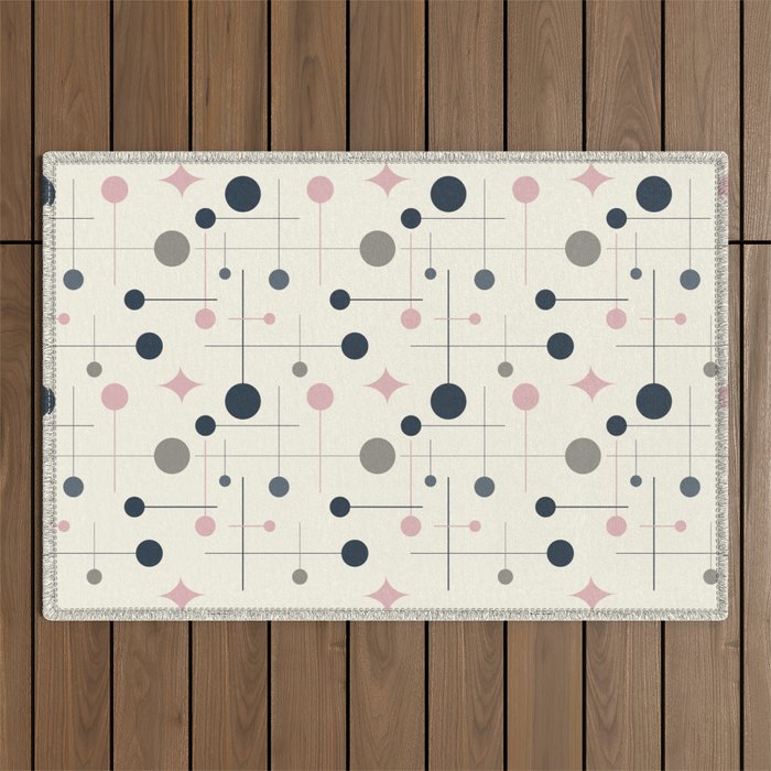 Mid Century Modern Abstract Retro Vintage Style Navy Blue, Blush Pink and Grey Outdoor Rug Gallery Image 1