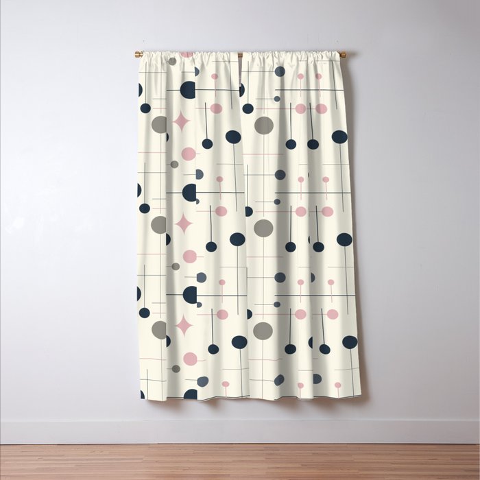 Mid Century Modern Abstract Retro Vintage Style Navy Blue, Blush Pink and Grey Window Curtain Gallery Image 3