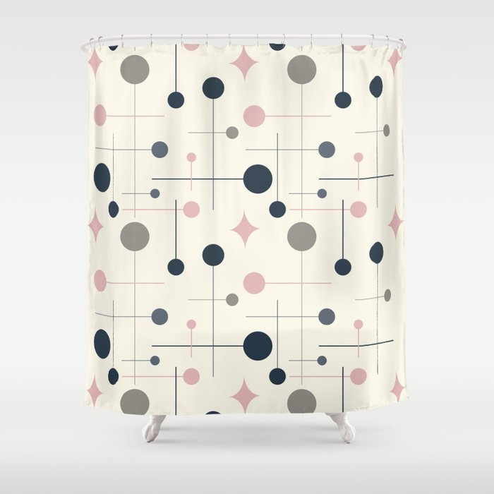 Mid Century Modern Abstract Retro Vintage Style Navy Blue, Blush Pink and Grey Shower Curtain Gallery Image 1