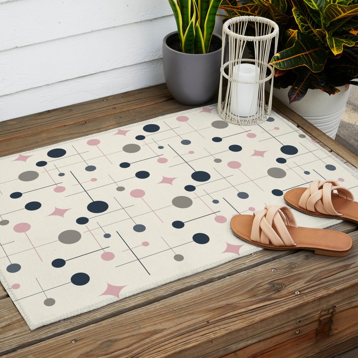 Mid Century Modern Abstract Retro Vintage Style Navy Blue, Blush Pink and Grey Outdoor Rug Gallery Image 2