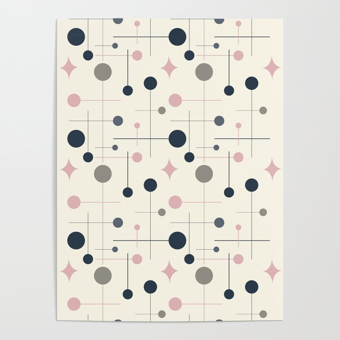 Mid Century Modern Abstract Retro Vintage Style Navy Blue, Blush Pink and Grey Poster Gallery Image 4