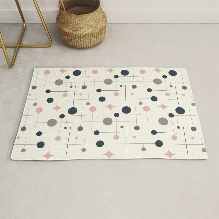 Mid Century Modern Abstract Retro Vintage Style Navy Blue, Blush Pink and Grey Rug Gallery Image 1