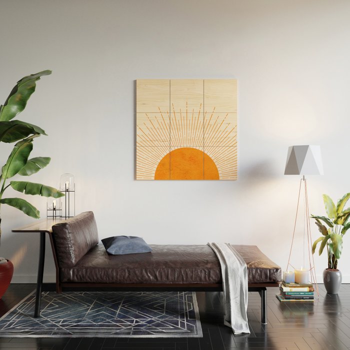 Orange Sunburst Boho Midcentury Wood Wall Art Gallery Image 2
