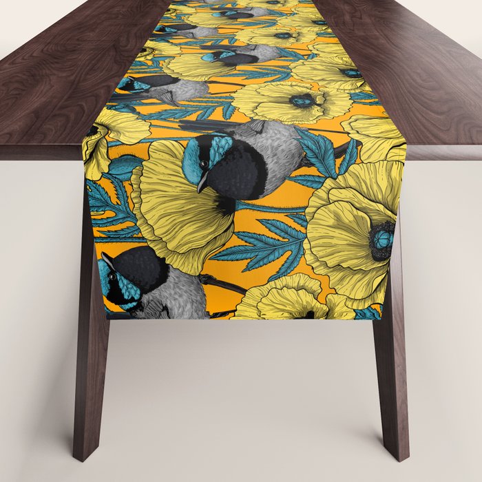 Fairy wren and poppies in yellow Table Runner Gallery Image 1