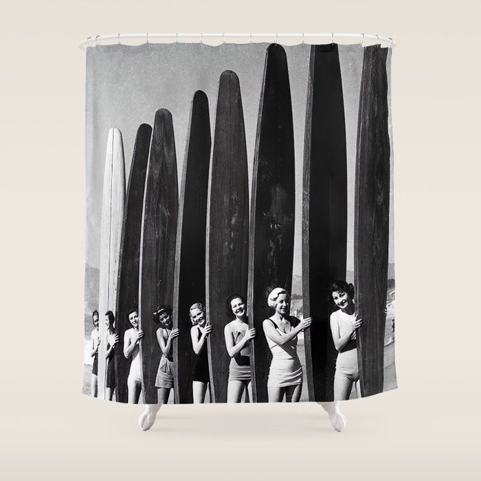 Surfers, Vintage Black and White Art Shower Curtain Gallery Image 1