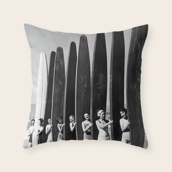Surfers, Vintage Black and White Art Throw Pillow Gallery Image 1
